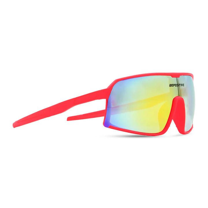 Red sunglasses with colorful reflective lenses on a white background