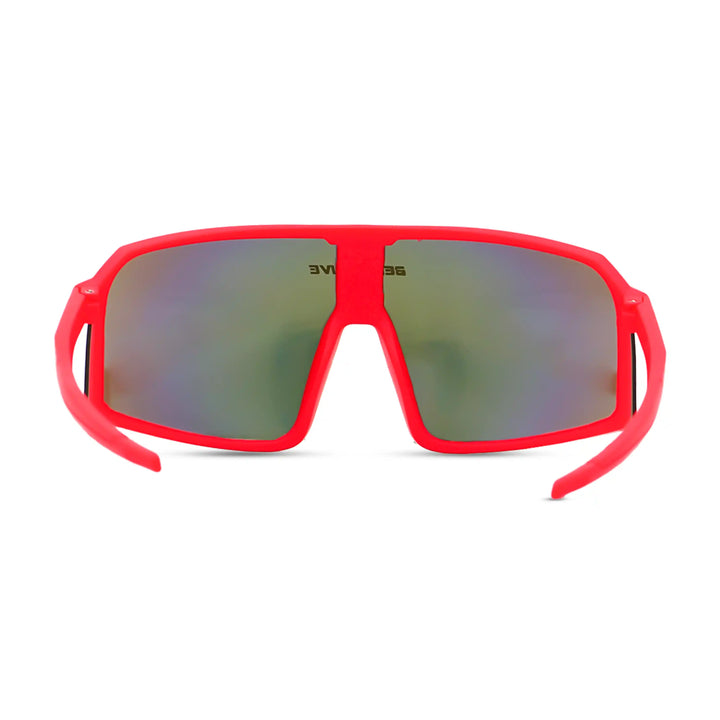Red sunglasses with reflective lenses on a white background