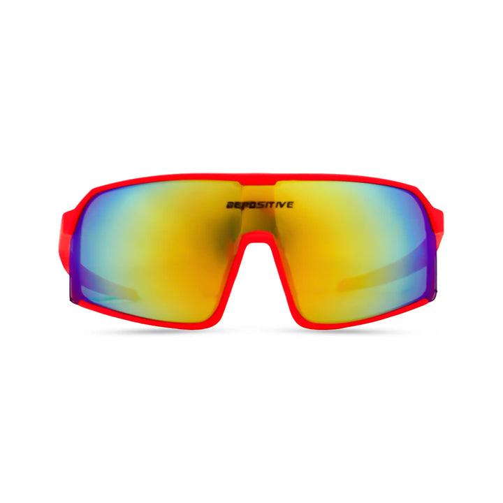 Sunglasses with red frame and multicolored lenses on a white background