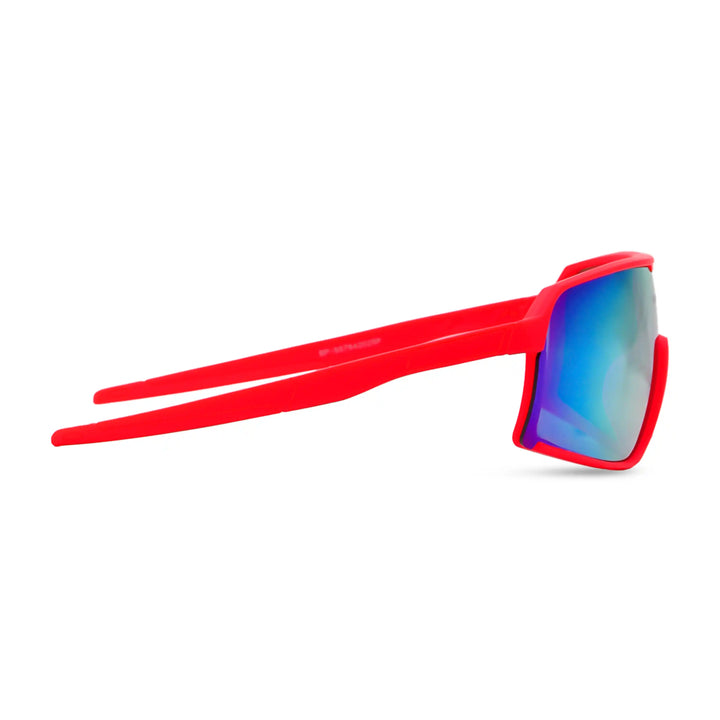 Red sunglasses with blue-tinted lenses on a white background