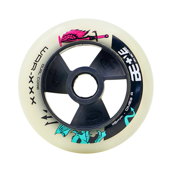 Skateboard wheel with Bepositive logo and design on a white background