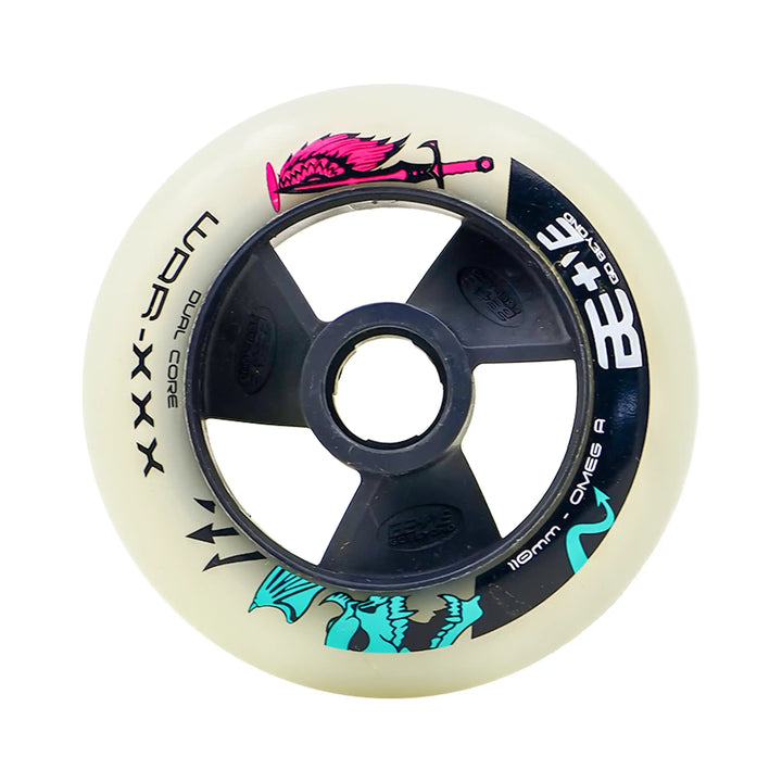 Skateboard wheel with Bepositive logo and design on a white background