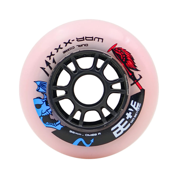 Pink wheel with black center and colorful graphics on a white background