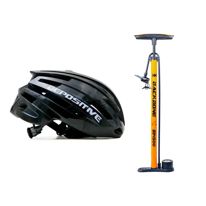 A bepositive 5.2 black bicycle helmet and backbone bb4500 orange pump in a white background