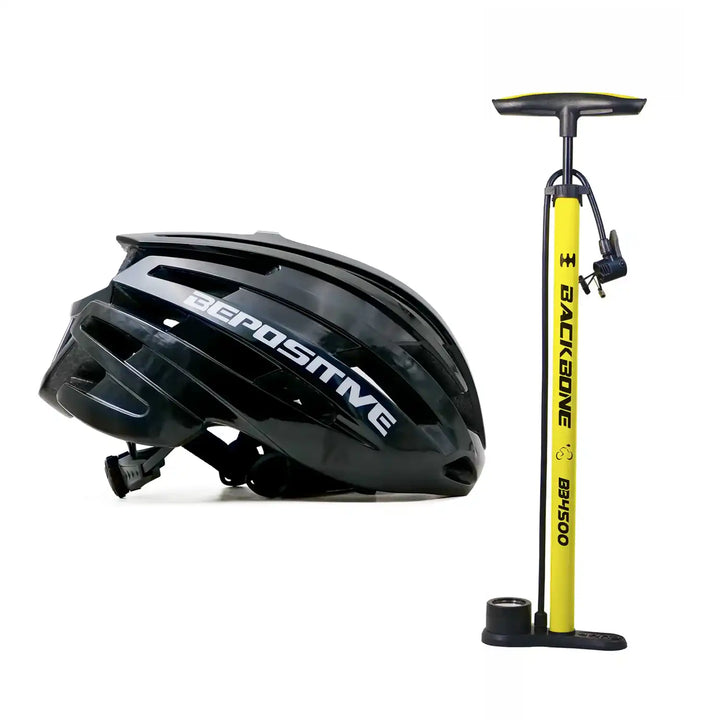 A bepositive 5.2 black bicycle helmet and backbone bb4500 yellow pump in a white background
