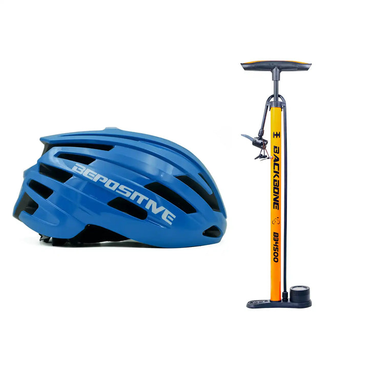 A bepositive 5.2 blue bicycle helmet and backbone bb4500 orange pump in a white background 