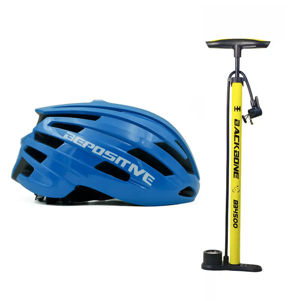 A bepositive 5.2 blue bicycle helmet and backbone bb4500 yellow pump in a white background 