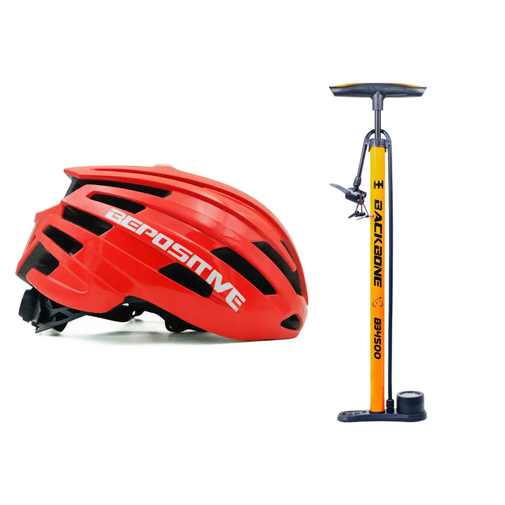 A bepositive 5.2 red bicycle helmet and backbone bb4500 orange pump in a white background
