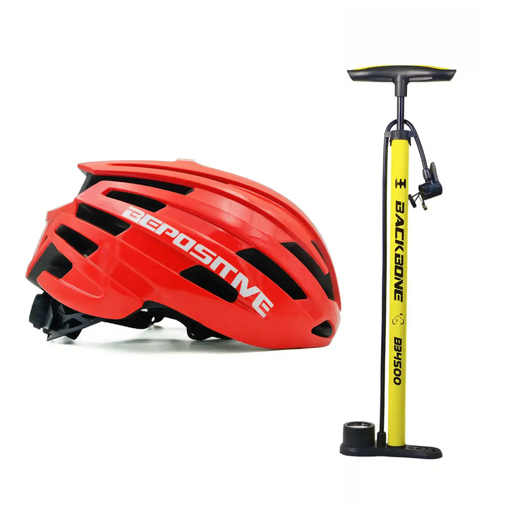 A bepositive 5.2 red bicycle helmet and backbone bb4500 yellow pump in a white background