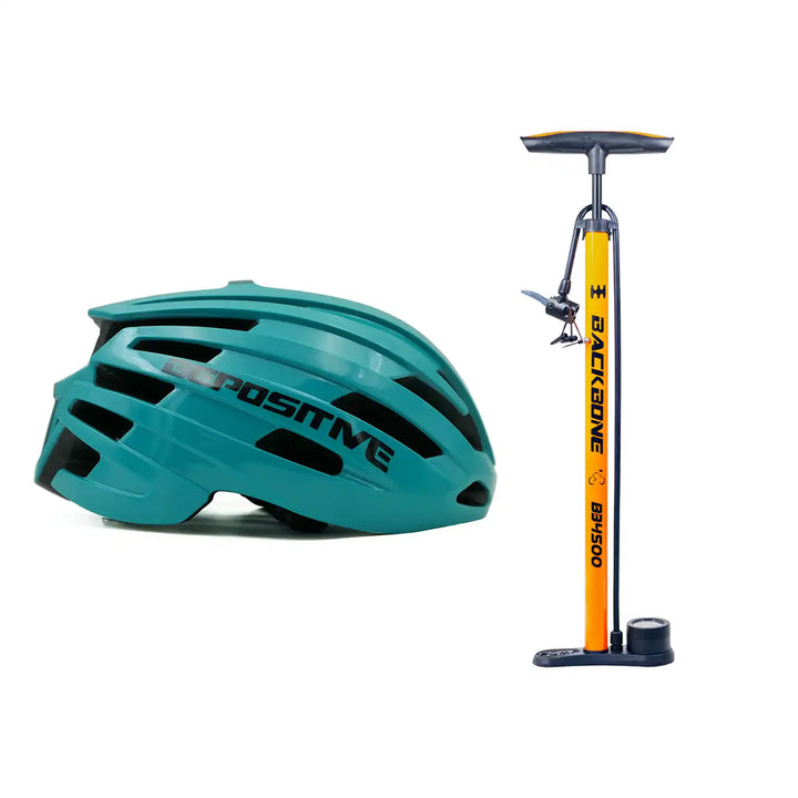 A bepositive 5.2 turquoise blue bicycle helmet and backbone bb4500 orange pump in a white background