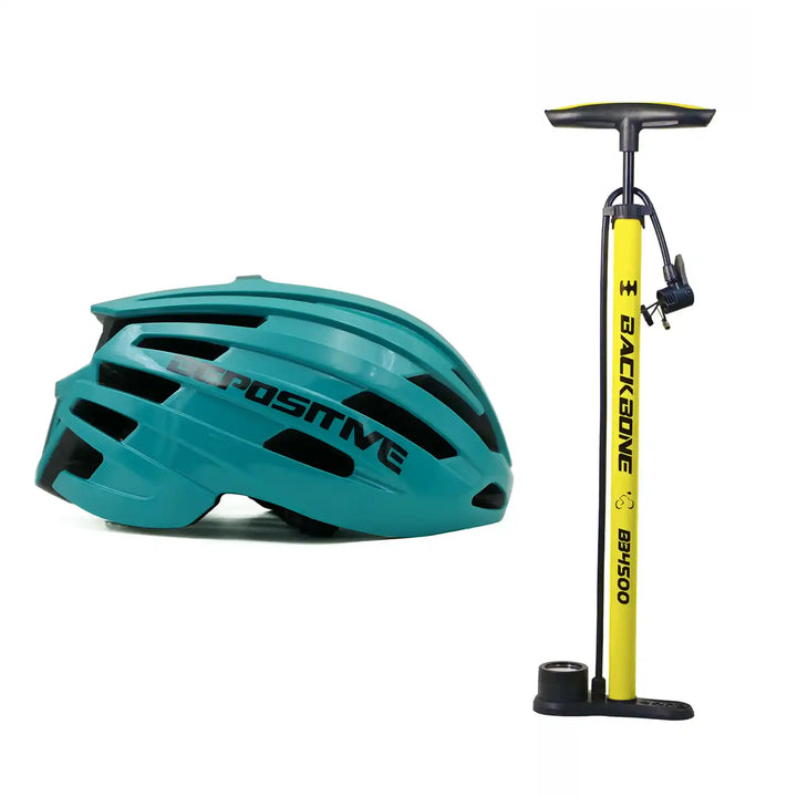 A bepositive 5.2 turquoise blue bicycle helmet and backbone bb4500 yellow pump in a white background