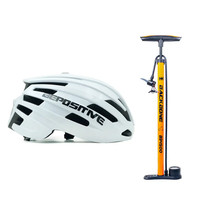 A bepositive 5.2 white bicycle helmet and backbone bb4500 orange pump in a white background