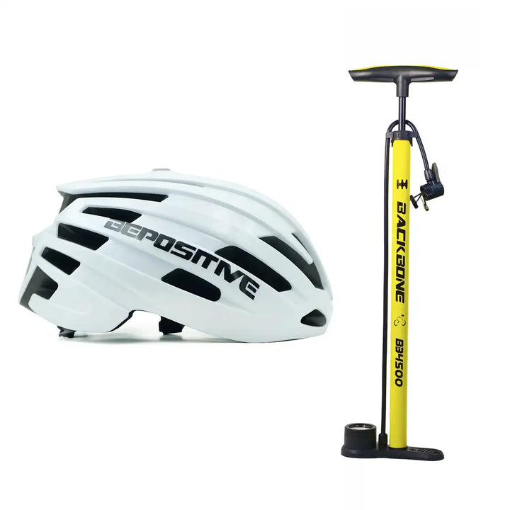 A bepositive 5.2 white bicycle helmet and backbone bb4500 yellow pump in a white background
