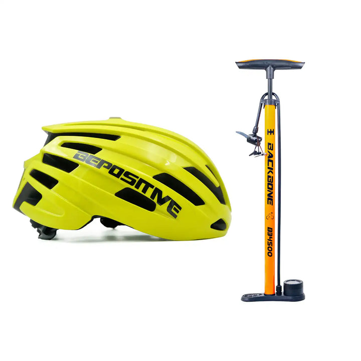 A bepositive 5.2 yellow bicycle helmet and backbone bb4500 orange pump in a white background