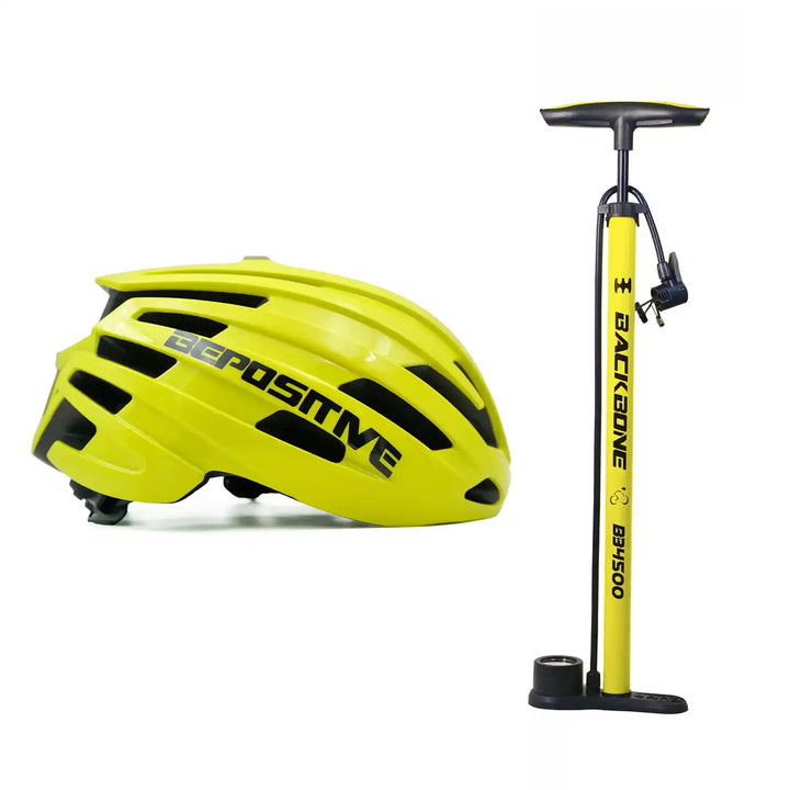 A bepositive 5.2 yellow bicycle helmet and backbone bb4500 yellow pump in a white background
