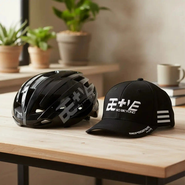 Black bepositive cycling helmet and bepositive cap on a wooden surface.

