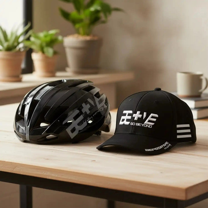 Black bepositive cycling helmet and bepositive cap on a wooden surface.

