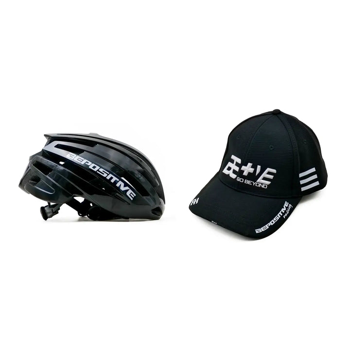 Black bepositive cycling helmet and bepositive cap on a white background 