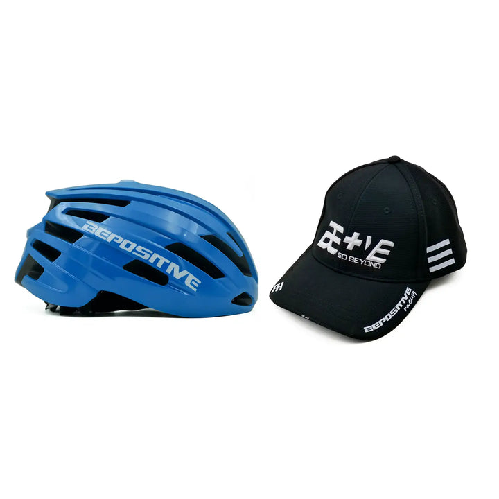Blue bepositive cycling helmet and bepositive cap on a white background 