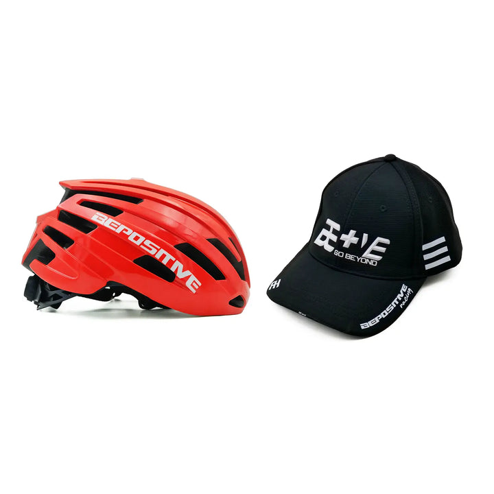 Red bepositive cycling helmet and bepositive cap on a white background 