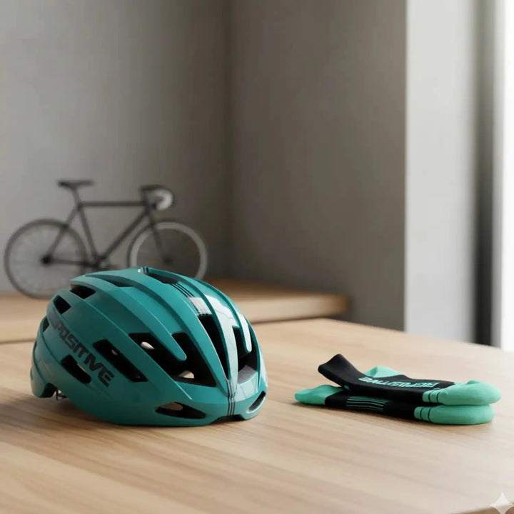 A turquoise blue bepositive cycling helmet and Turquoise blue bepositive Ankle socks on a wooden surface 