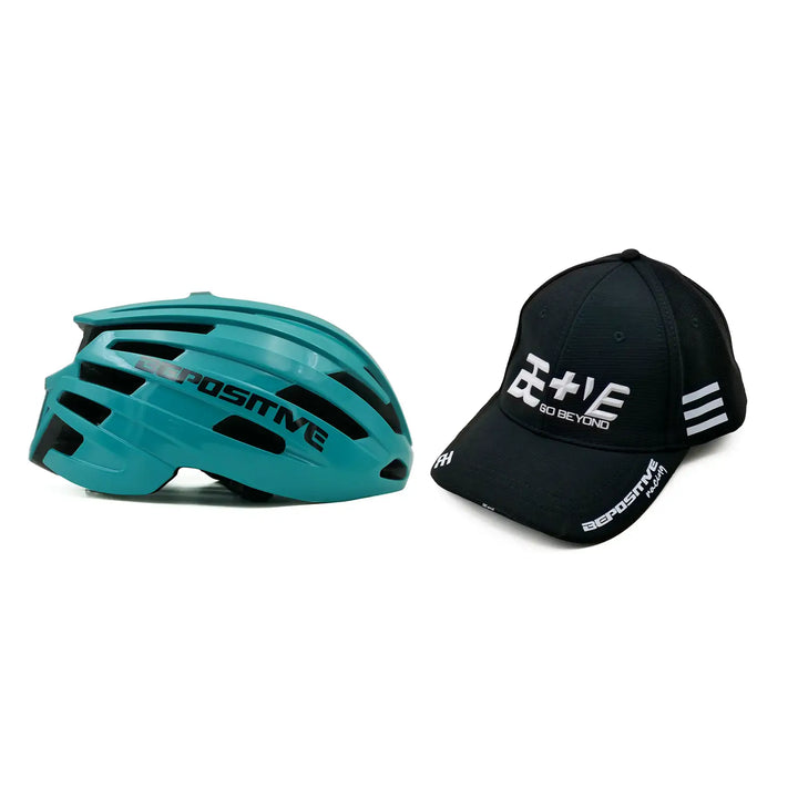 Turquoise blue bepositive cycling helmet and bepositive cap on a white background 