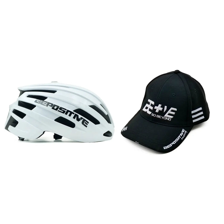 White bepositive cycling helmet and bepositive cap on a white background 