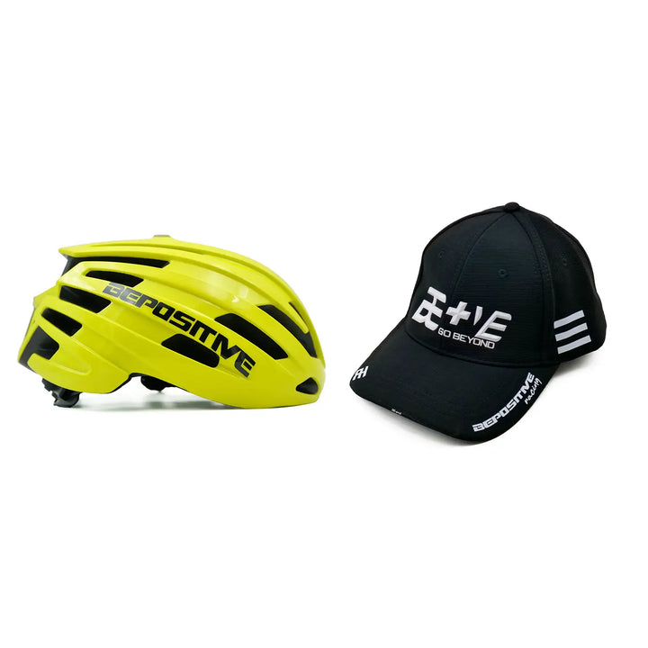 Yellow bepositive cycling helmet and bepositive cap on a white background