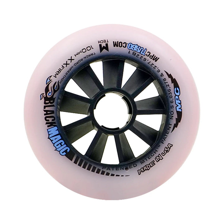 Pink skate wheel with black center and branding on a white background