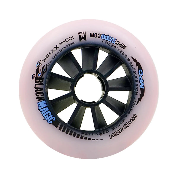 Pink skate wheel with black center and branding on a white background