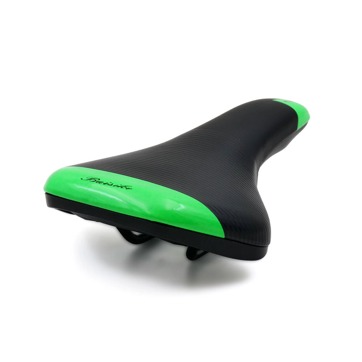 black and green bicycle seat side view on a white background 