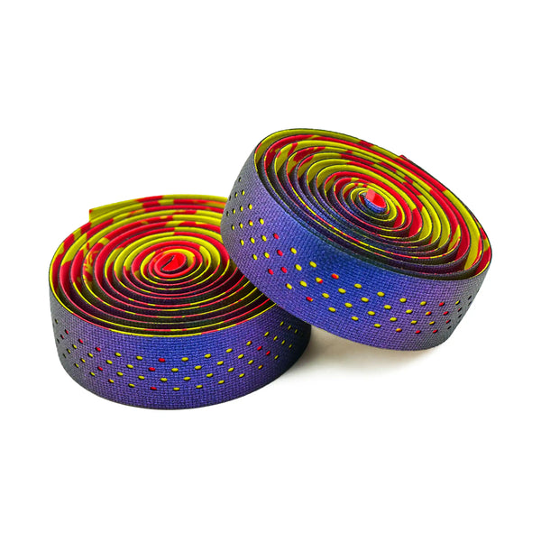 Two colorful bicycle handlebar wraps with a spiral pattern on a white background