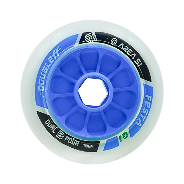 Skateboard wheel with blue center and white rim on a white background