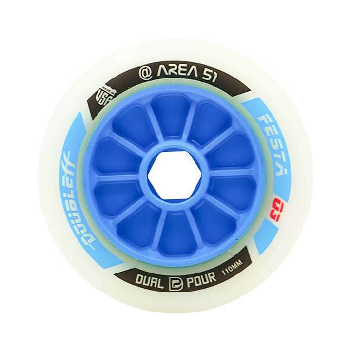 Blue scooter wheel with branding on a white background