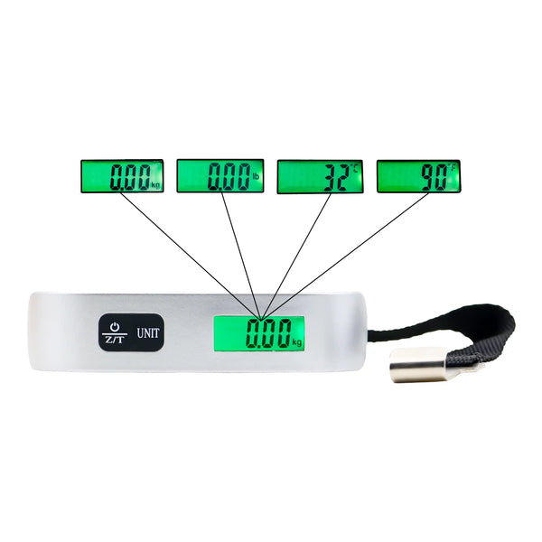 Digital luggage scale with multiple green display screens on a white background