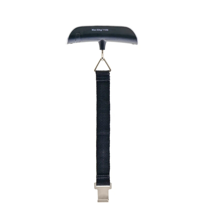 Black luggage scale with a strap on a white background