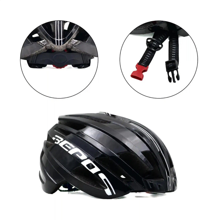 Bepositive Guardian 5.1 black cycling helmets  side view and highlighted view of special features