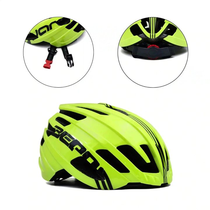 Bepositive Guardian 5.1 lime green cycling helmets side view and hightighted features of the starp and dial adjustment