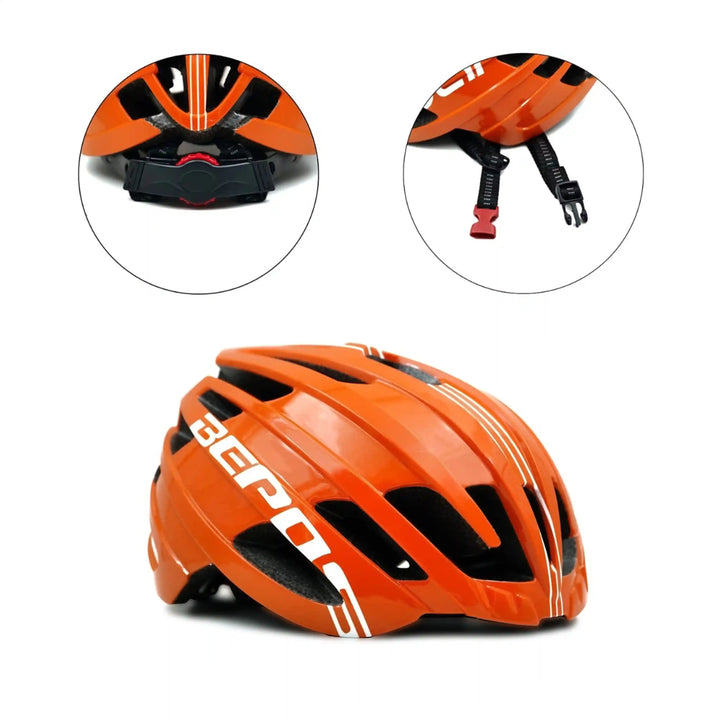 Bepositive Guardian 5.1 Orange cycling helmets side view and the highlighted view of the straps and adjustment dial