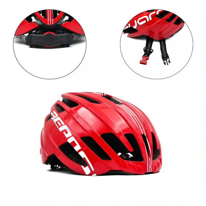 Bepositive Guardian 5.1 red cycling helmets side view and highlighted view of the fit adjustment dial and the straps