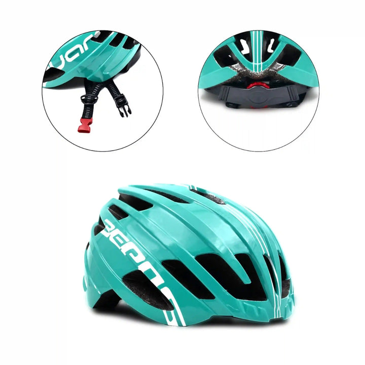 Bepositive Guardian 5.1 turquoise blue cycling helmets side view and highlighted view of starp and adjustmental dial