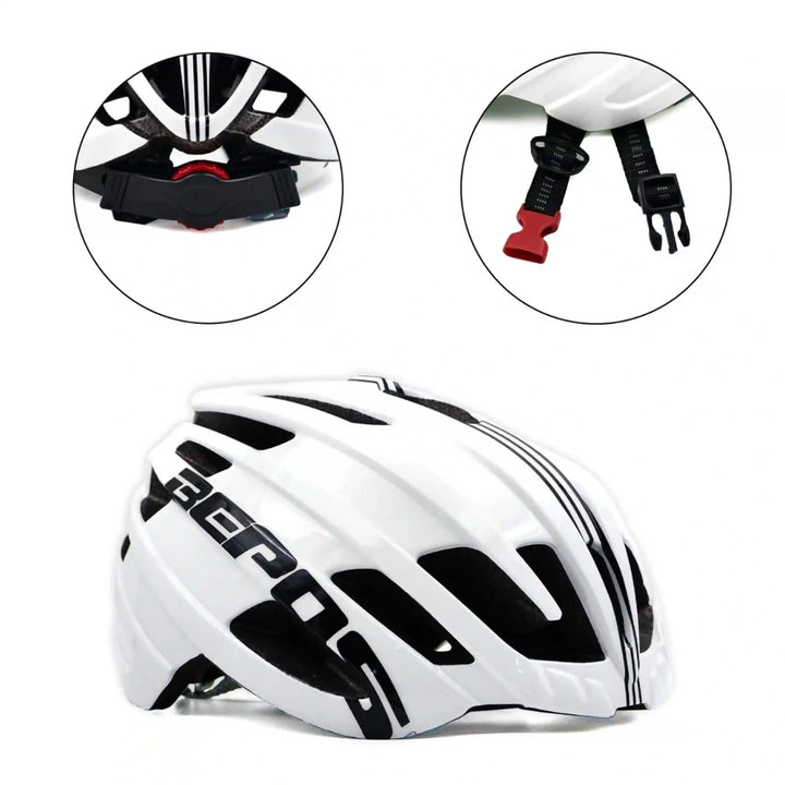 Bepositive Guardian 5.1 white cycling helmets side view with highlighted view of the fit adjustment dial and bucke strap