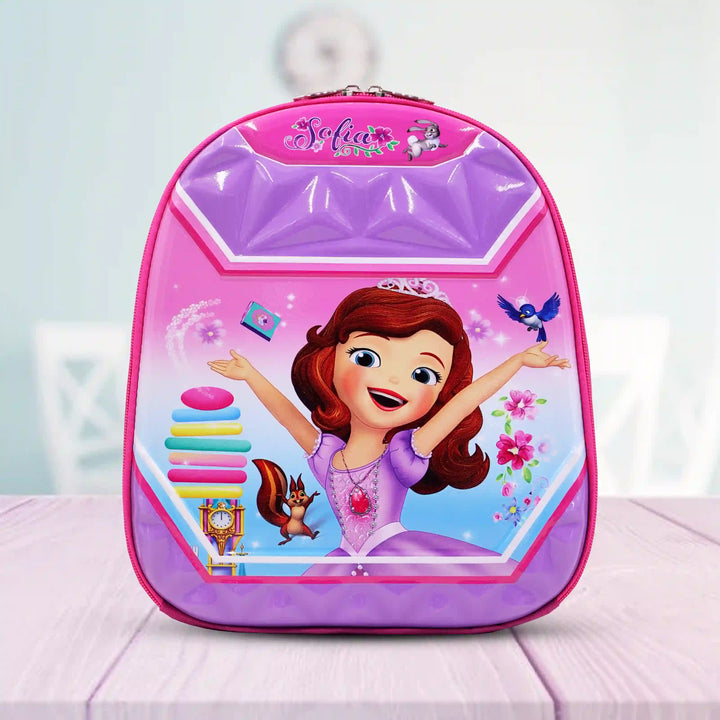 Pink and backpack with a cartoon character on a white background