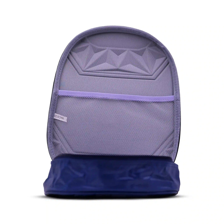  inside view of a Purple backpack with a geometric design on a white background