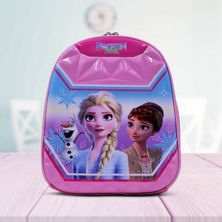Pink 'Frozen' backpack with characters on a light background