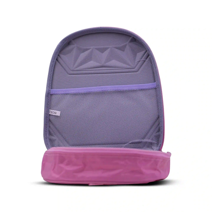 Inside of a Purple backpack with a clear side pocket on a white background