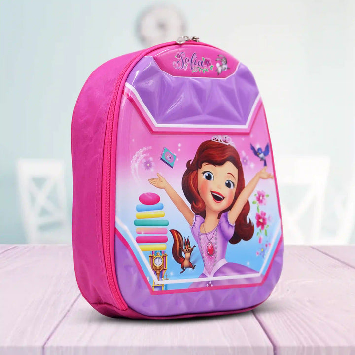 angle view of a Pink backpack with a character design on a light background