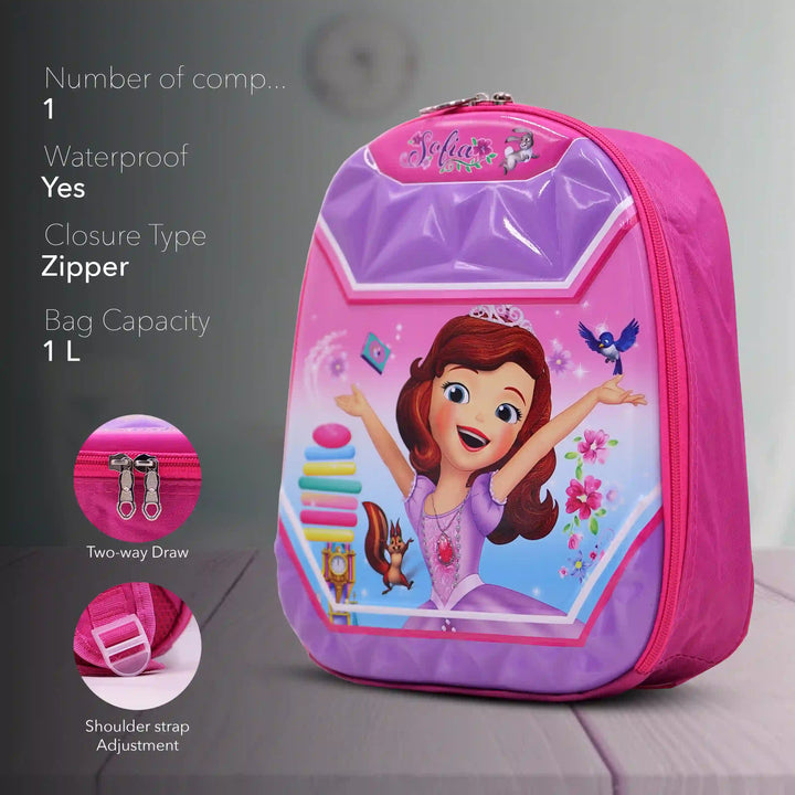 A pink backpack with a character design on a gray surface pointing its features