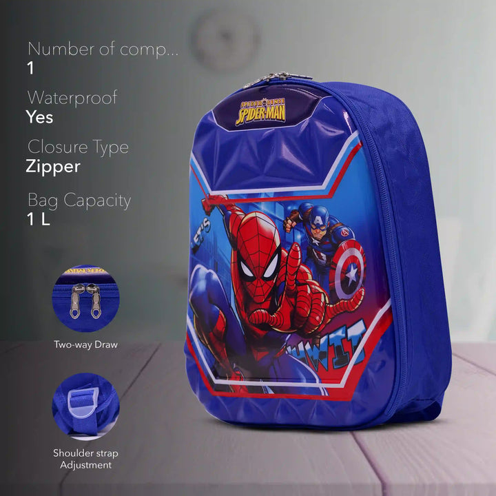 Blue backpack with a Spider-Man design on a gray surface
