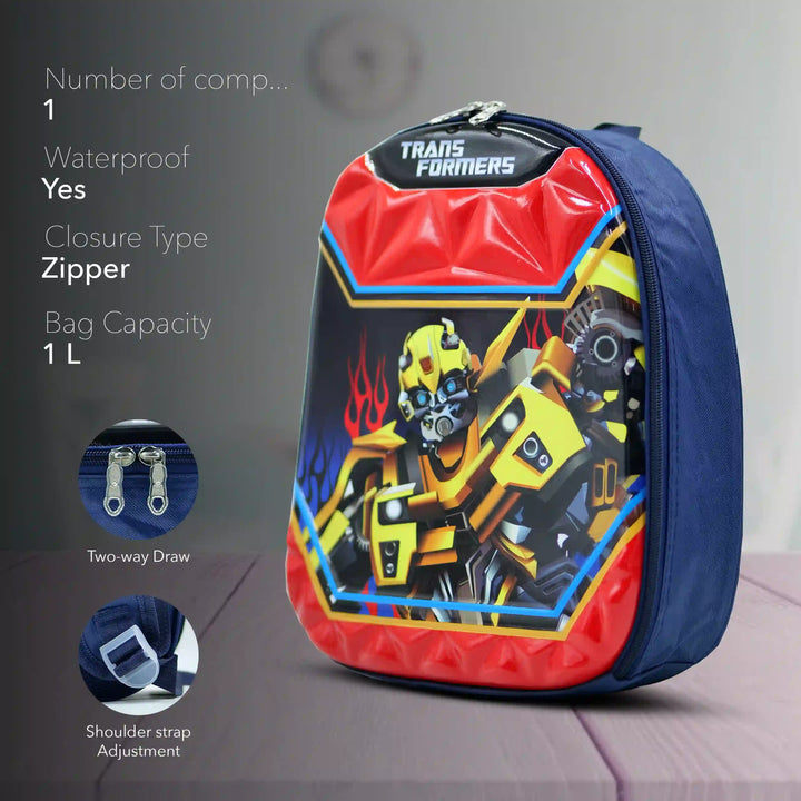 A backpack with Transformers design pointing its features on grey background